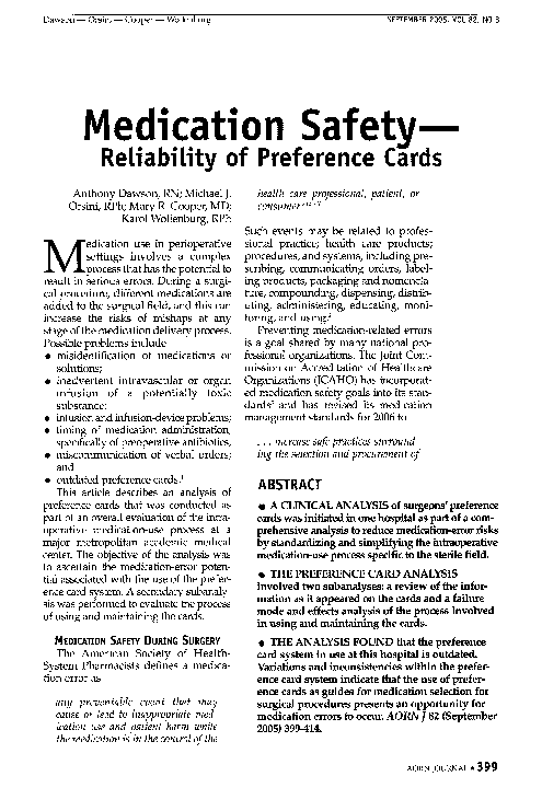 (PDF) Medication Safety—Reliability of Preference Cards