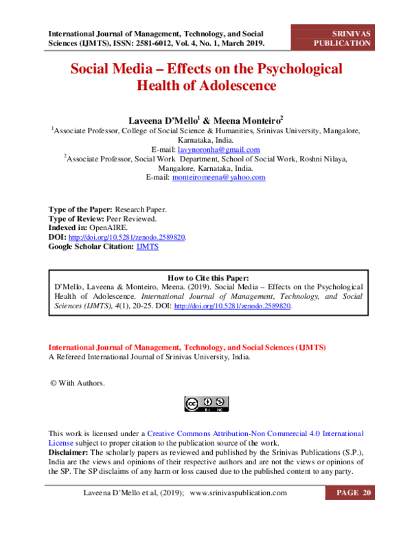 (PDF) Social Media -Effects on the Psychological Health of Adolescence