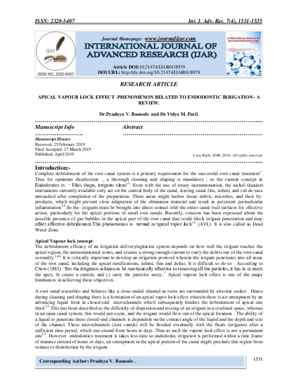 (PDF) APICAL VAPOUR LOCK EFFECT PHENOMENON RELATED TO ENDODONTIC