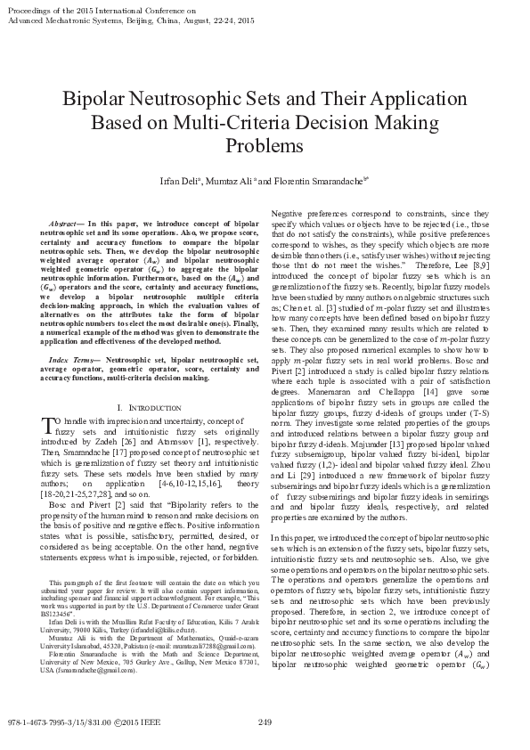 (PDF) Bipolar Neutrosophic Sets And Their Application Based on Multi ...