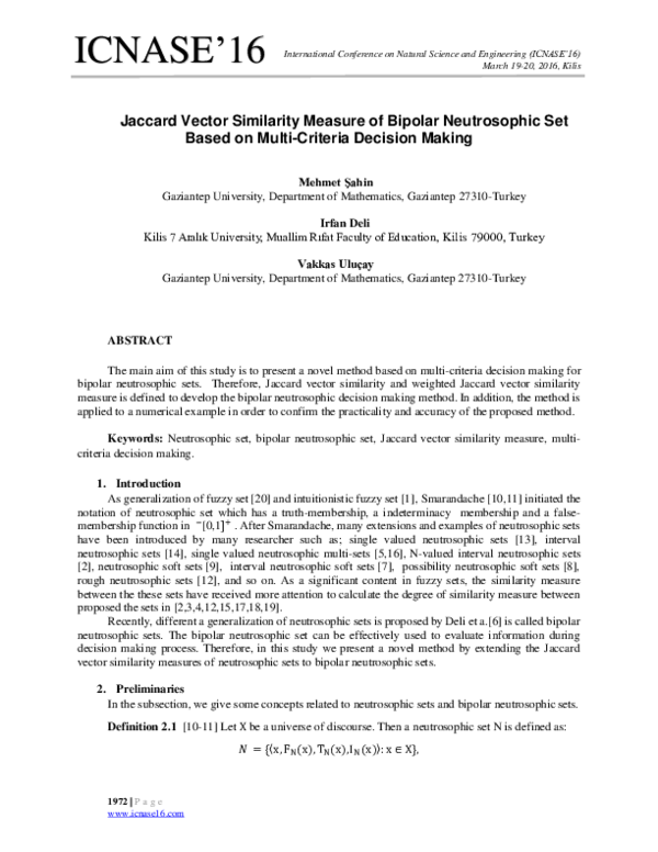 (PDF) Jaccard Vector Similarity Measure of Bipolar Neutrosophic Set ...