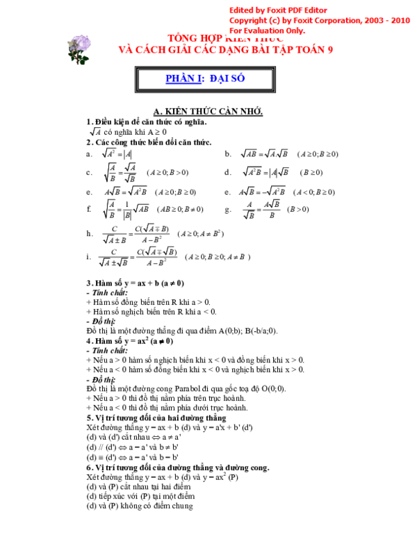 (PDF) TNG HP KIN THC VÀ CÁCH GII CÁC DNG BÀI TP TOÁN 9 A. KIN THC CN NH