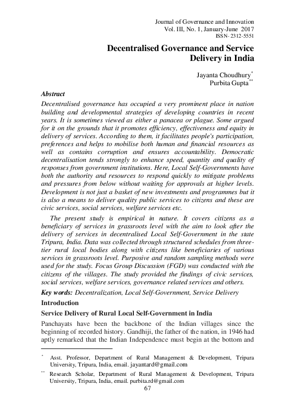 (PDF) Decentralised Governance and Service Delivery in India