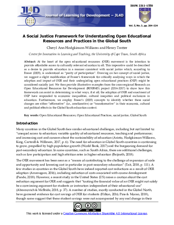 (PDF) A Social Justice Framework for Understanding Open Educational ...