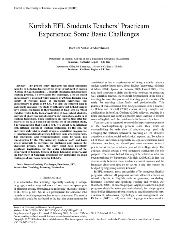 (PDF) Kurdish EFL Students Teachers Practicum Experience: Some Basic ...