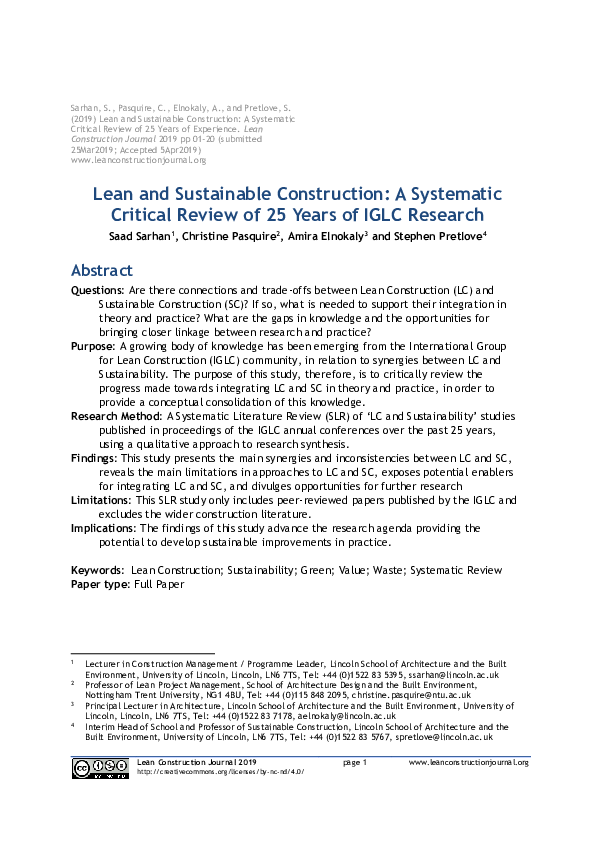 (PDF) Lean and Sustainable Construction: A Systematic Critical Review ...