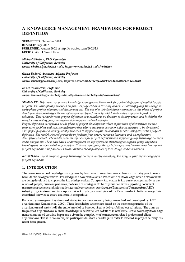(PDF) A knowledge management framework for project definition, ITcon ...
