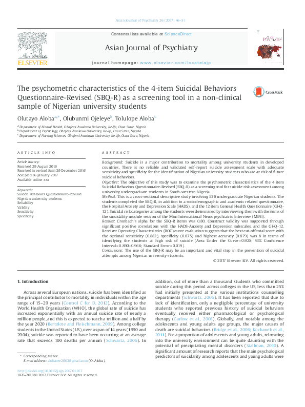 (PDF) The psychometric characteristics of the 4-item Suicidal Behaviors ...
