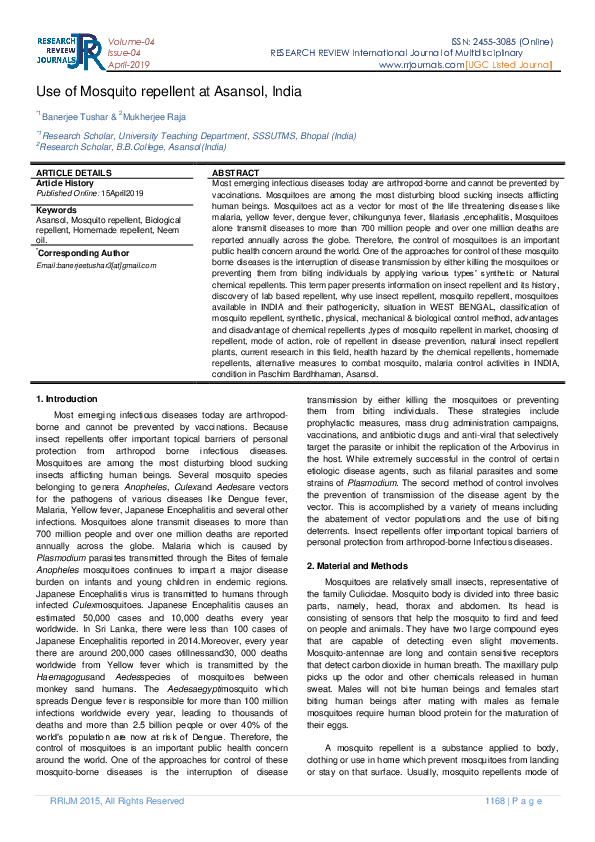 (PDF) Use of Mosquito repellent at Asansol, India Dr. Tushar Banerjee