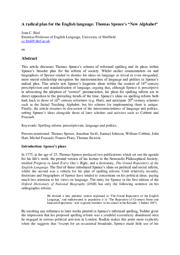 (DOC) A radical plan for the English language Thomas Spence’s “New