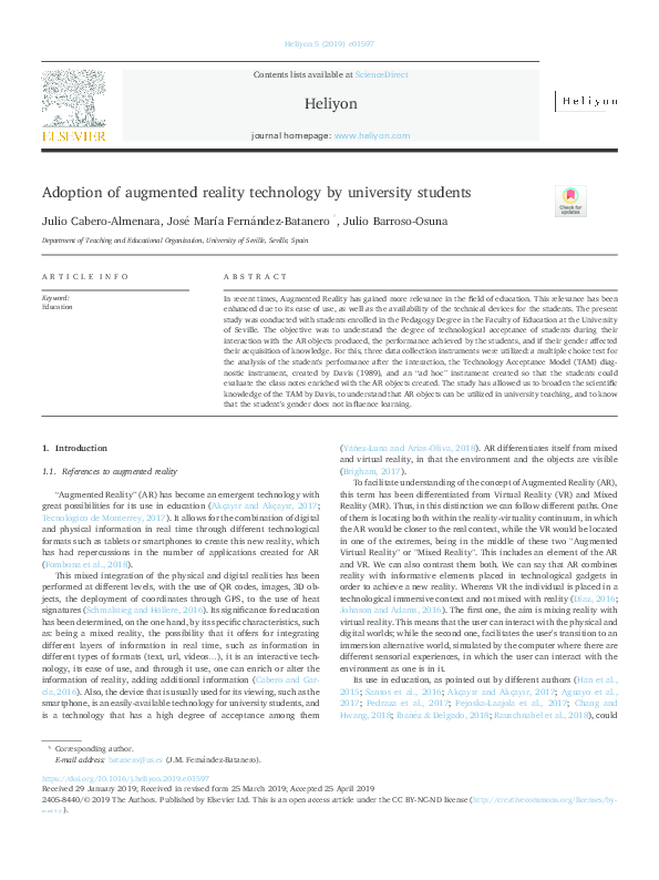 (PDF) Adoption of augmented reality technology by university students