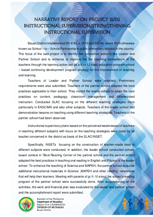 (DOC) NARRATIVE REPORT ON PROJECT IS/SIS INSTRUCTIONAL SUPERVISION/STRENGTHENING INSTRUCTIONAL