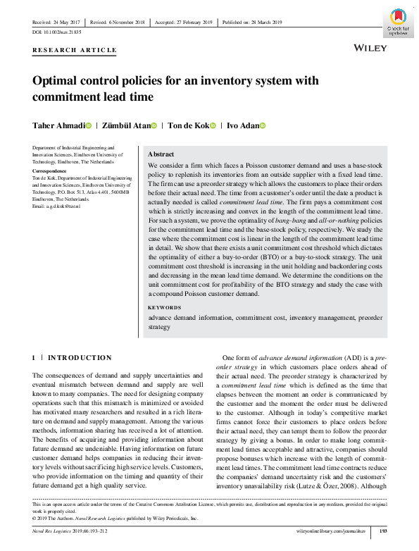(PDF) Optimal control policies for an inventory system with commitment ...