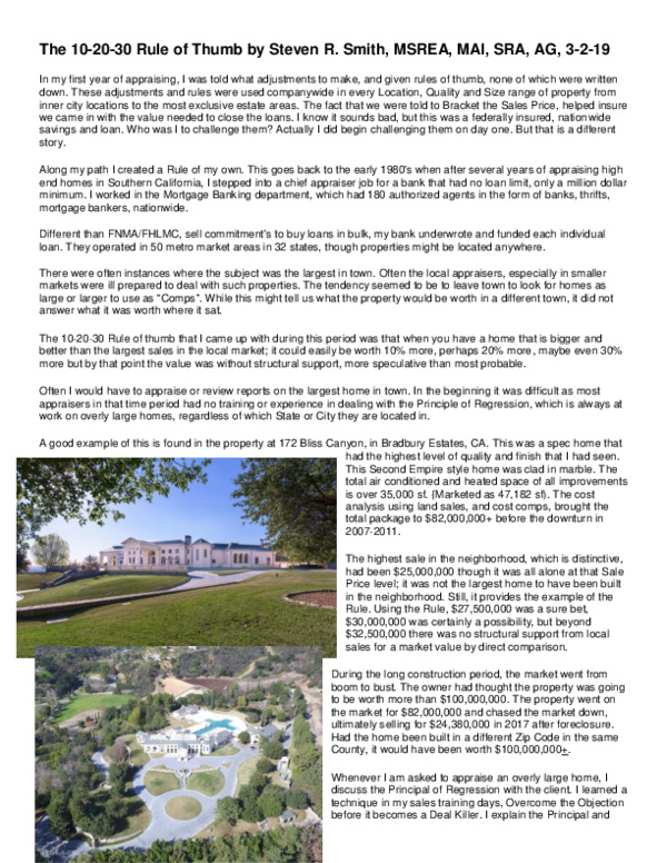(PDF) The 10 20 30 Rule of Thumb Steven R Smith, MSREA, MAI, SRA