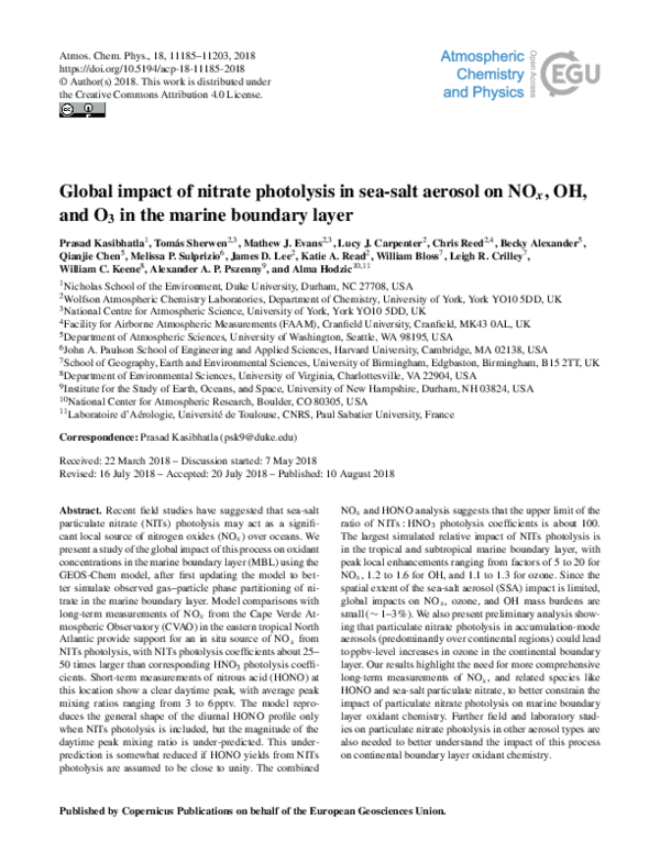 (PDF) Global impact of nitrate photolysis in seasalt aerosol on NO x