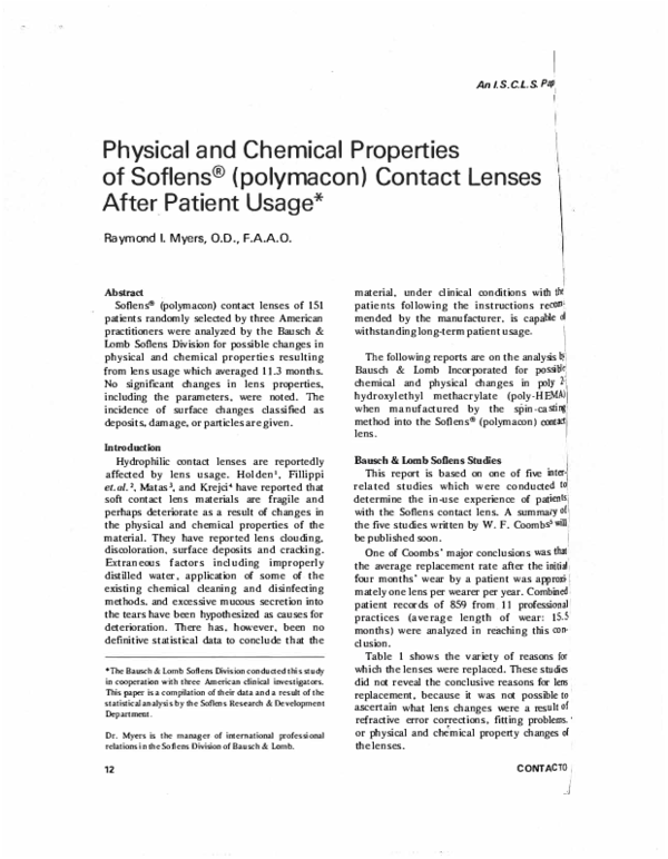 (PDF) Physical and Chemical Properties of Soflens ® (polymacon) Contact ...