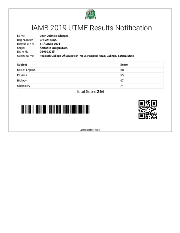 (PDF) UTME Main Examination Results Notification Johnlee Udeh