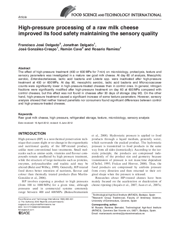 (PDF) High-pressure processing of a raw milk cheese improved its food ...