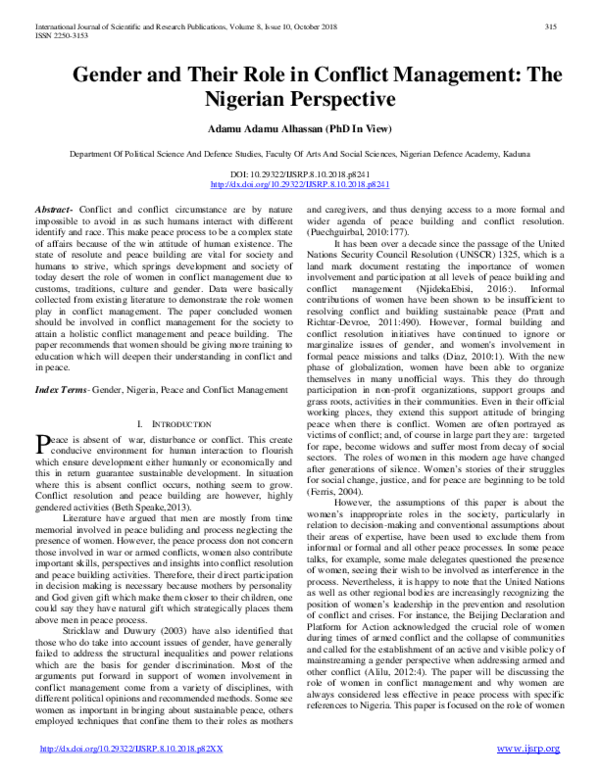  PDF Gender And Their Role In Conflict Management The Nigerian Perspective Alhassan Adamu 