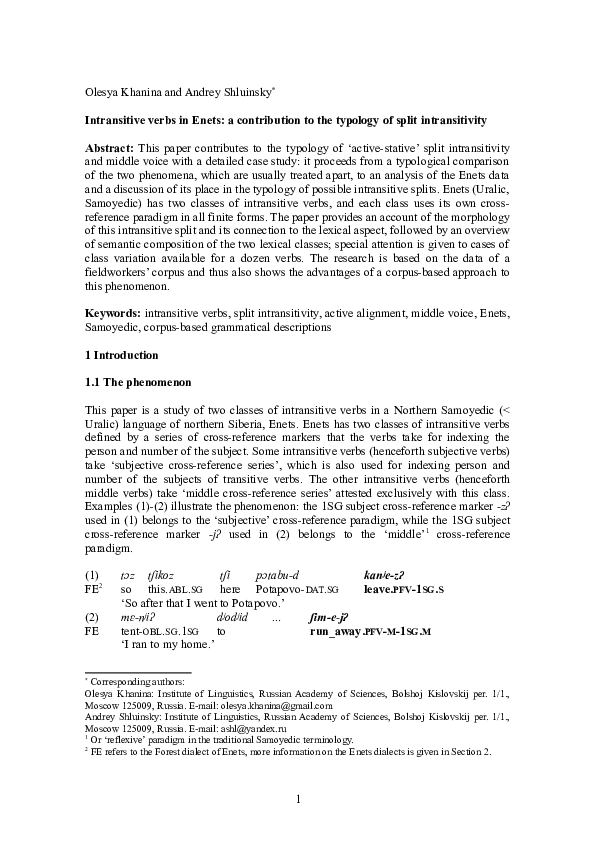(DOC) Intransitive verbs in Enets: a contribution to the typology of ...