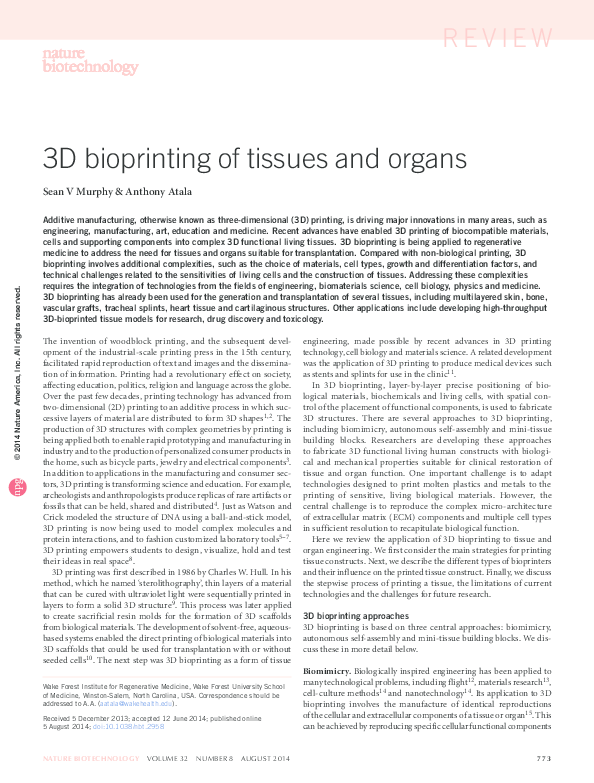 (PDF) 3D bioprinting of tissues and organs