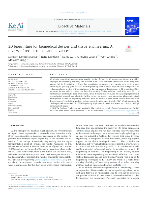 (PDF) 3D bioprinting for biomedical devices and tissue engineering: A ...