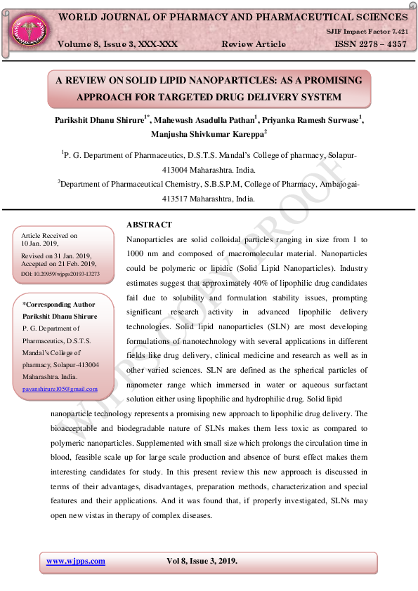 (PDF) A REVIEW ON SOLID LIPID NANOPARTICLES: AS A PROMISING APPROACH ...