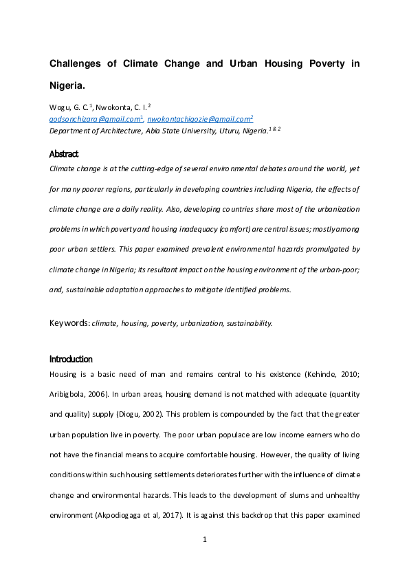 (PDF) Challenges of Climate Change and Urban Housing Poverty in Nigeria