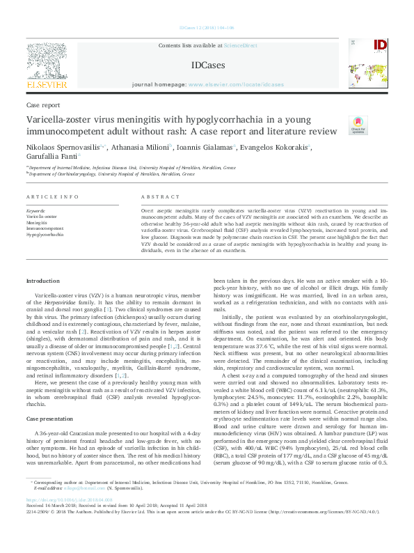 (PDF) Varicella-zoster virus meningitis with hypoglycorrhachia in a ...