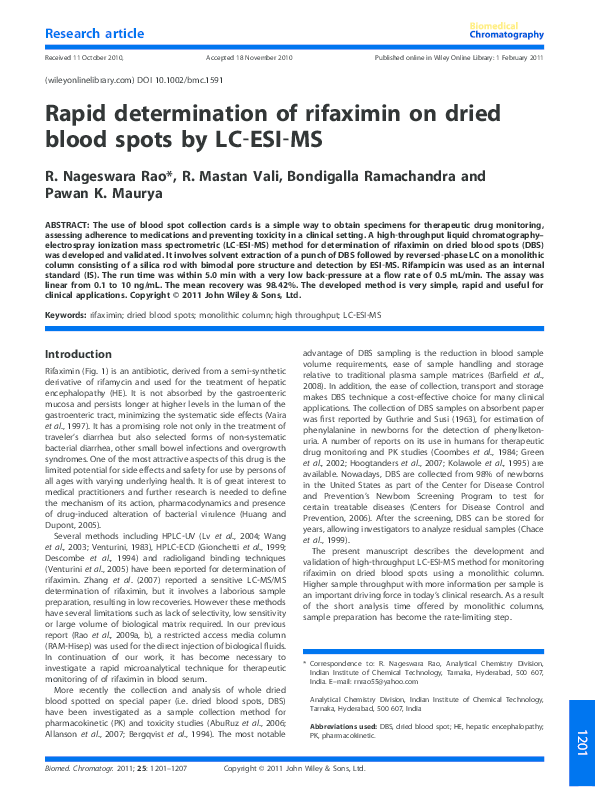 (PDF) Rapid determination of rifaximin on dried blood spots by LC-ESI-MS