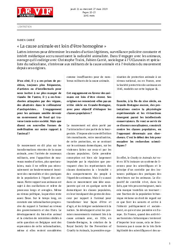 (PDF) « La cause animale est loin d'être homogène » Entretien Le Vif L'Express 21/27 mars