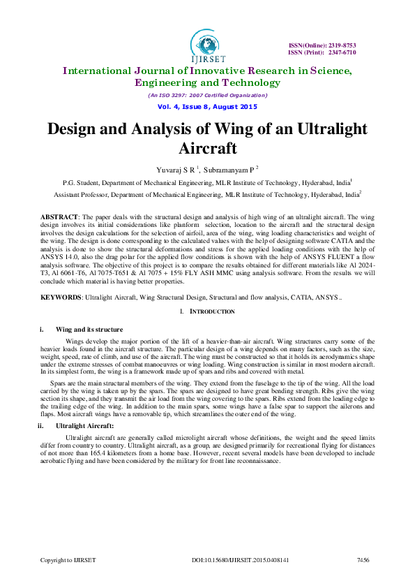 (PDF) Design and Analysis of Wing of an Ultralight Aircraft