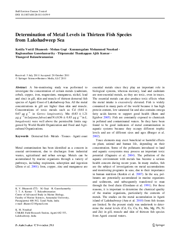 (PDF) Determination of Metal Levels in Thirteen Fish Species from ...