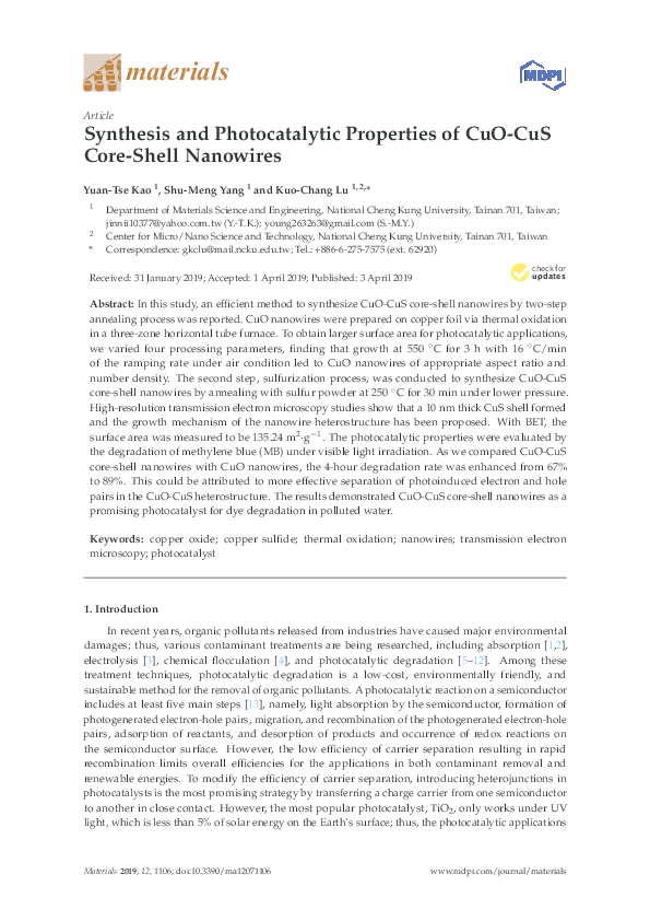 (PDF) Synthesis and Photocatalytic Properties of CuO-CuS Core-Shell ...