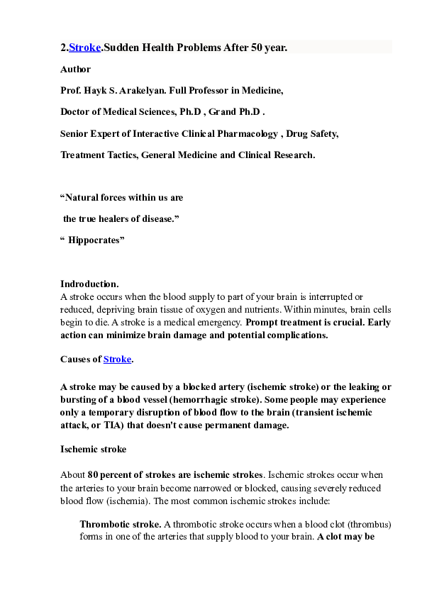 (DOC) 2.Stroke.Sudden Health Problems After 50 year. Hayk S Arakelyan