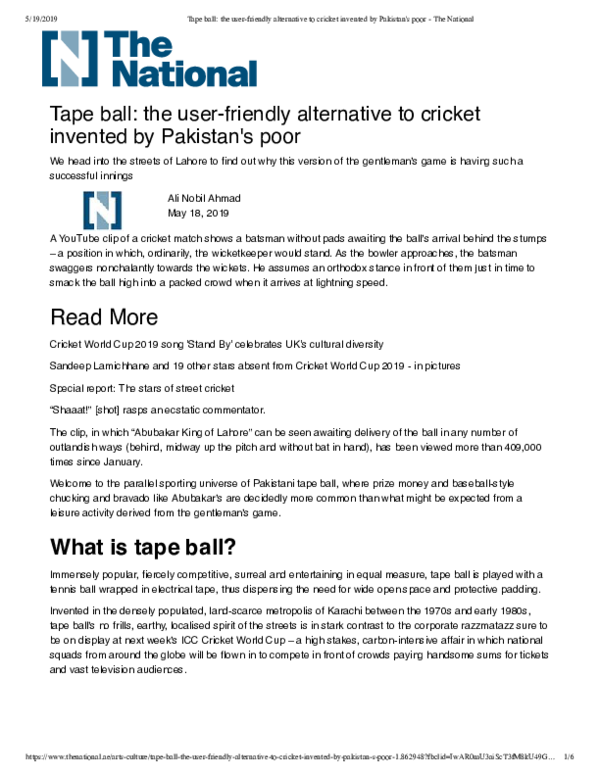 (PDF) "Tape ball the user friendly alternative to cricket invented by