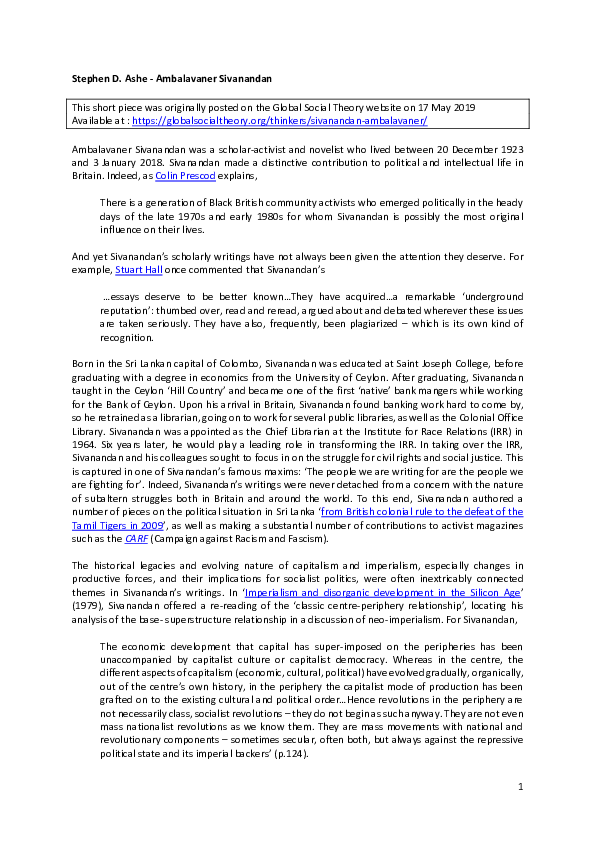 (DOC) Ambalavaner Sivanandan Global Social Theory