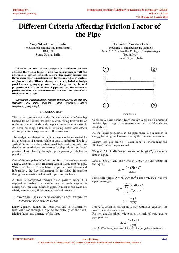 (PDF) IJERTDifferent Criteria Affecting Friction Factor of the Pipe