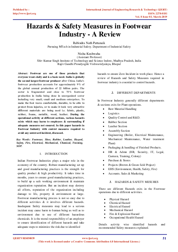 (PDF) IJERTHazards & Safety Measures in Footwear Industry A Review
