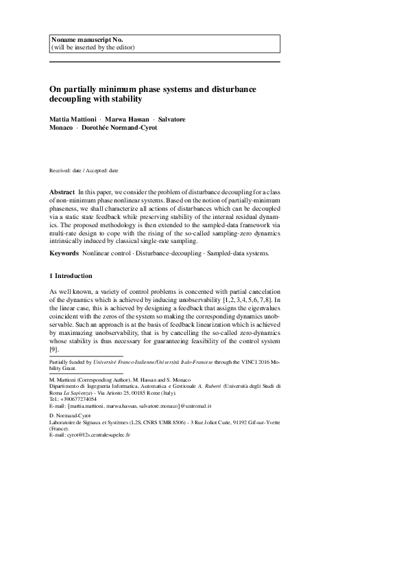 (PDF) On partially minimum phase systems and disturbance decoupling ...