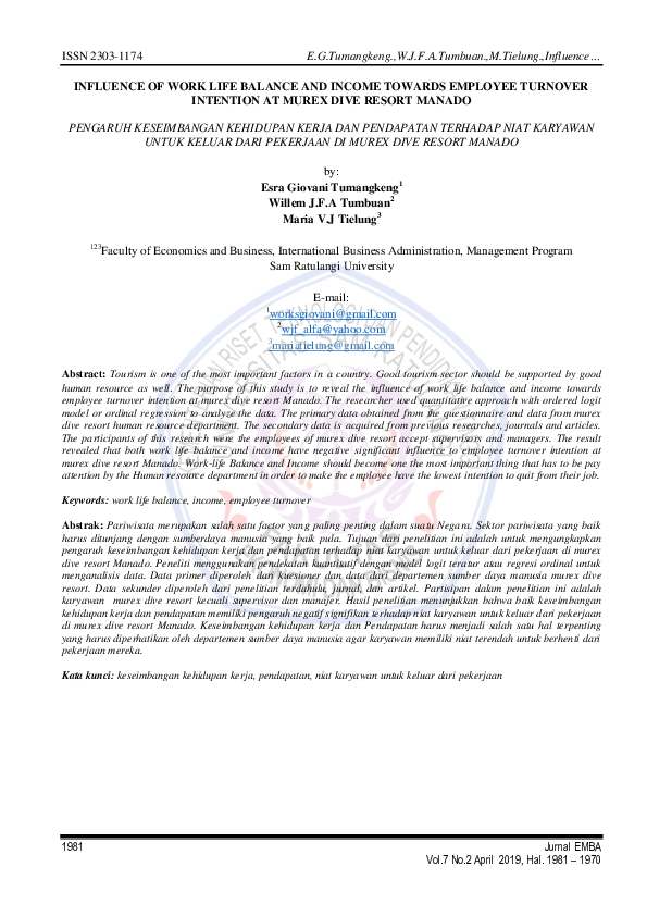 (PDF) Influence of Work Life Balance and Income Towards Employee ...