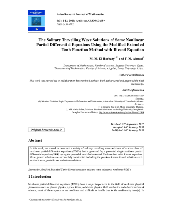 (PDF) The Solitary Travelling Wave Solutions of Some Nonlinear Partial ...