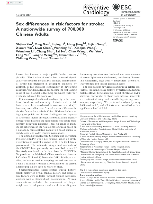 (PDF) Sex differences in risk factors for stroke: A nationwide survey ...