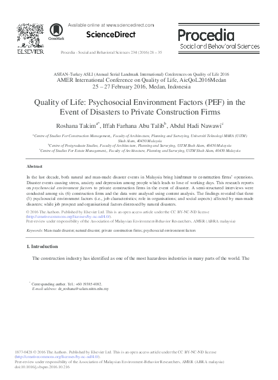 (PDF) ScienceDirect Quality of Life Psychosocial Environment Factors