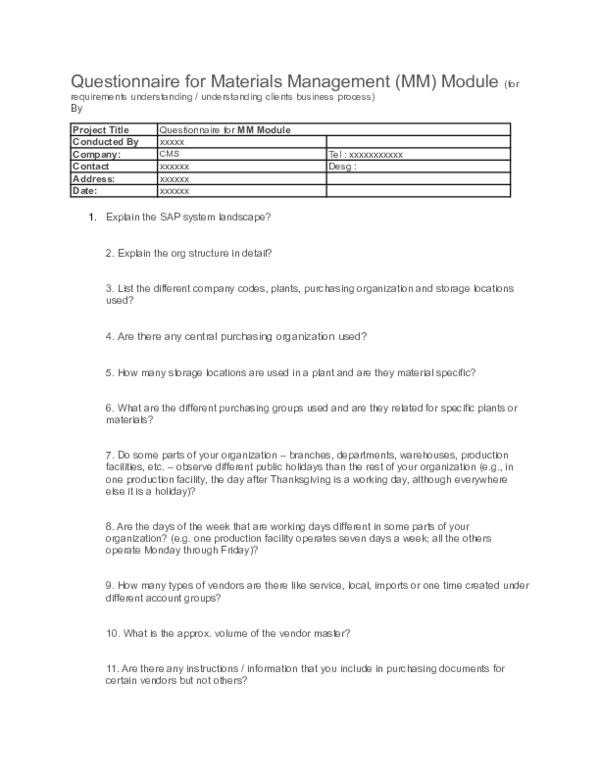 (DOC) Questionnaire for Materials Management (MM) Module (for Kamran