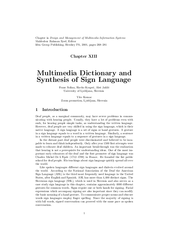 (PDF) Multimedia dictionary and synthesis of sign language