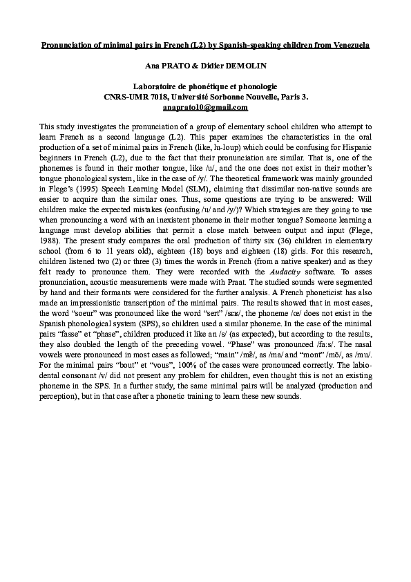 PDF) Pronunciation of minimal pairs in French (L2) by Spanish-speaking  children from Venezuela
