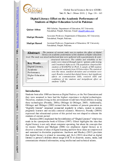(PDF) Digital Literacy Effect on the Academic Performance of Students ...