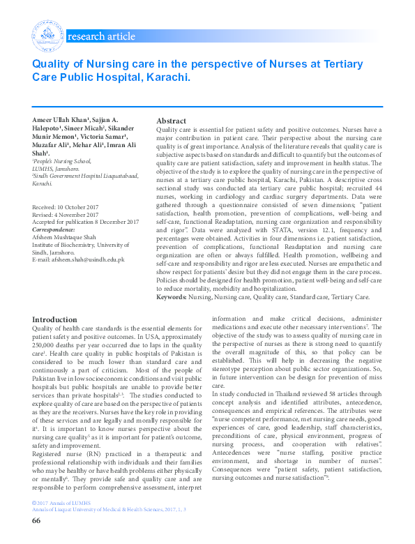 (PDF) Quality of Nursing care in the perspective of Nurses at Tertiary ...