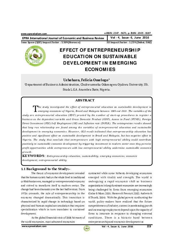 (PDF) EFFECT OF ENTREPRENEURSHIP EDUCATION ON SUSTAINABLE DEVELOPMENT ...